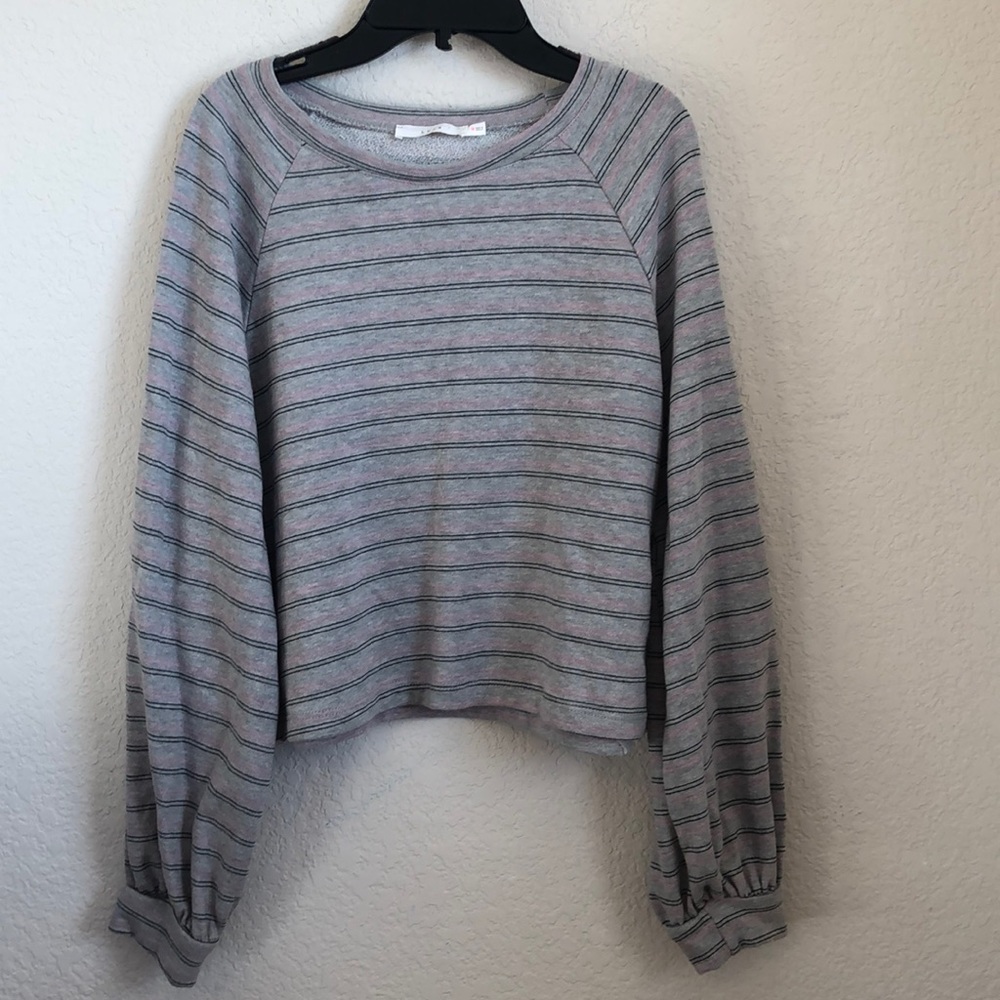 Lush Women's Sweater in Heather Gray Pink Striped Balloon Sleeve - Picture 2 of 4